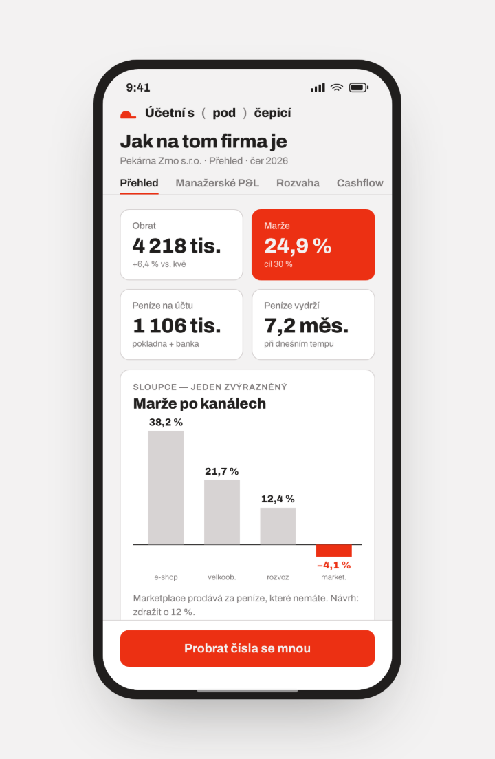 Report na mobilu — dlaždice s obratem, marží, penězi na účtu a tím, jak dlouho vydrží